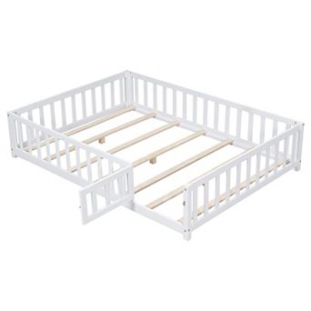 KWPZQEB Full Size Floor Platform Bed with Fence and Door, Support Slats