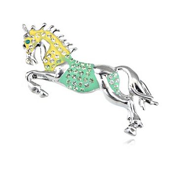 Galloping Stallion Horse Green Yellow Enamel Rhinestones Pin Brooch