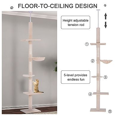 Multi-Level Cat Tree with Soft Plush Platforms, Adjustable Floor-to-Ceiling Design