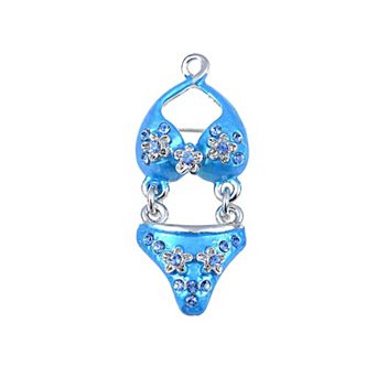 Silver Tone Clear Rhinestones Flower Blue Enamel Bitsy Bikini Brooch Pin