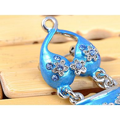 Silver Tone Clear Rhinestones Flower Blue Enamel Bitsy Bikini Brooch Pin