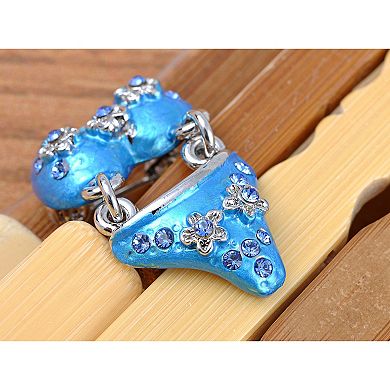 Silver Tone Clear Rhinestones Flower Blue Enamel Bitsy Bikini Brooch Pin