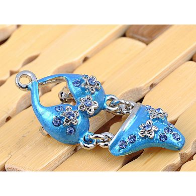 Silver Tone Clear Rhinestones Flower Blue Enamel Bitsy Bikini Brooch Pin