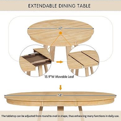 Pnronnc 5-Piece Dining Set, Retro Kitchen Table Set with 16" Leaf and 4 Upholstered Chairs
