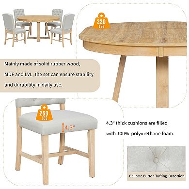 Pnronnc 5-Piece Dining Set, Retro Kitchen Table Set with 16" Leaf and 4 Upholstered Chairs