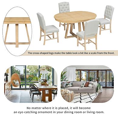 Pnronnc 5-Piece Dining Set, Retro Kitchen Table Set with 16" Leaf and 4 Upholstered Chairs