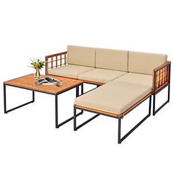5 pc Patio Furniture Set Acacia Wood Sectional Set with Heavy-Duty Metal Frame