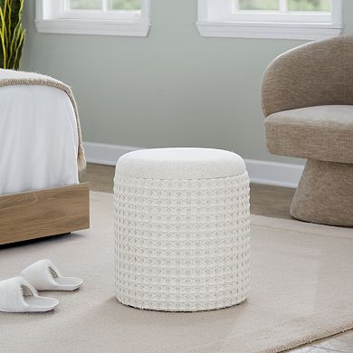 Loheer Round Wool Storage Ottoman with Textured Woven Design