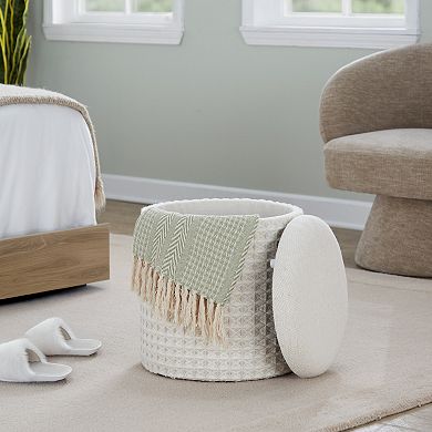 Loheer Round Wool Storage Ottoman with Textured Woven Design