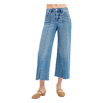 RISEN Tummy Control Mid Rise Crop Wide Front Slit Jeans