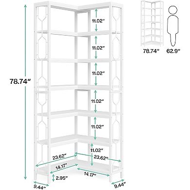 Industrial Corner Bookcase with 7 Open Shelves for Books, DVDs, Toys, and Decor