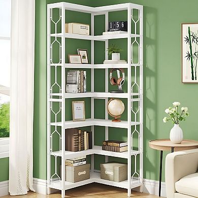 Industrial Corner Bookcase with 7 Open Shelves for Books, DVDs, Toys, and Decor