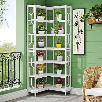 Industrial Corner Bookcase with 7 Open Shelves for Books, DVDs, Toys, and Decor