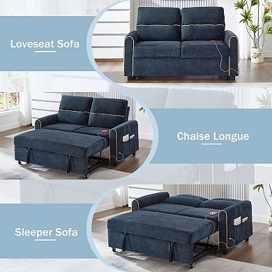 Pnronnc Chenille Convertible Sofa Bed, Pull-Out Sleeper Loveseat Sofa Bed with USB Ports