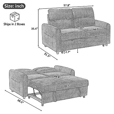 Pnronnc Chenille Convertible Sofa Bed, Pull-Out Sleeper Loveseat Sofa Bed with USB Ports