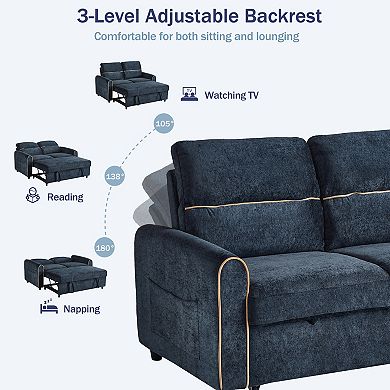 Pnronnc Chenille Convertible Sofa Bed, Pull-Out Sleeper Loveseat Sofa Bed with USB Ports