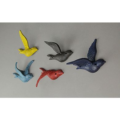 Set of 5 Colorful Cast Iron Distressed Finish Flying Bird Decorative Sculptures