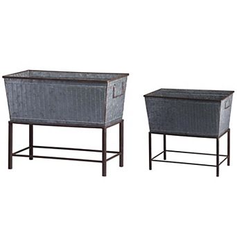 Silver Gray Set of 2 Rustic Metal Planters with Stands