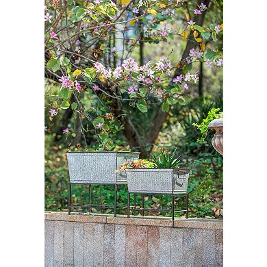 Silver Gray Set of 2 Rustic Metal Planters with Stands