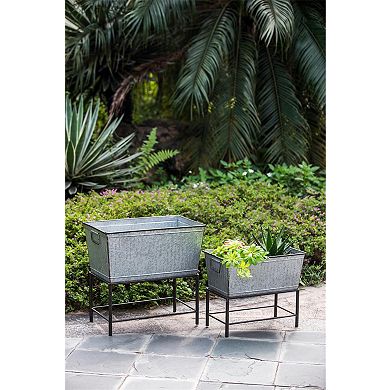 Silver Gray Set of 2 Rustic Metal Planters with Stands