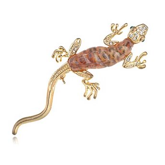 Golden Tone Fun Crawl Gecko Acrylic Bodied Crystal Rhinestone Critter Pin Brooch