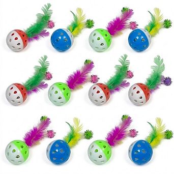 12 Pack Cat Toy Balls with Bell and Feathers, Interactive Kitten Toys, Lightweight Play Balls