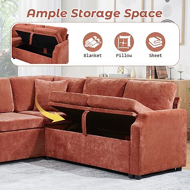 Pnronnc L Shaped Sectional Sofa Bed Upholstered Sleeper Couch with Storage and Chenille Upholstery