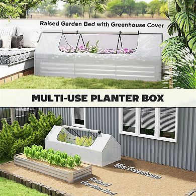 Raised Garden Bed with Greenhouse Cover, Steel Planter Box with Roll-Up Window