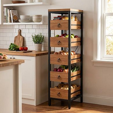 Wood Fruit and Vegetable Storage Rack, 5 Tier Narrow Snack Display Stand, Utility Shelf Organizer