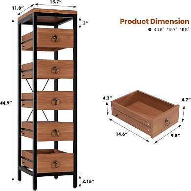 Wood Fruit and Vegetable Storage Rack, 5 Tier Narrow Snack Display Stand, Utility Shelf Organizer