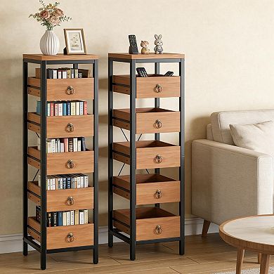 Wood Fruit and Vegetable Storage Rack, 5 Tier Narrow Snack Display Stand, Utility Shelf Organizer