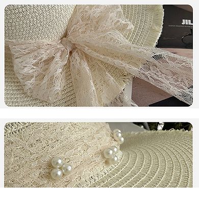 Straw Wide Brim Sun Hat with Lace Bow Detail Elegant Summer Beach Hat