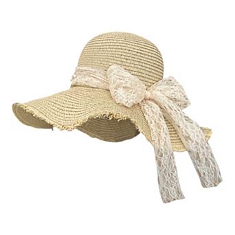 Straw Wide Brim Sun Hat with Lace Bow Detail Elegant Summer Beach Hat