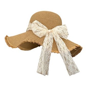 Straw Wide Brim Sun Hat with Lace Bow Detail Elegant Summer Beach Hat