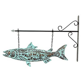 30 in Metal Salmon Hanging Wall Bracket Verdigris Copper Coastal Outdoor Decor