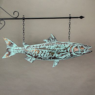 30in Metal Salmon Hanging Wall Bracket Verdigris Copper Coastal Outdoor Decor