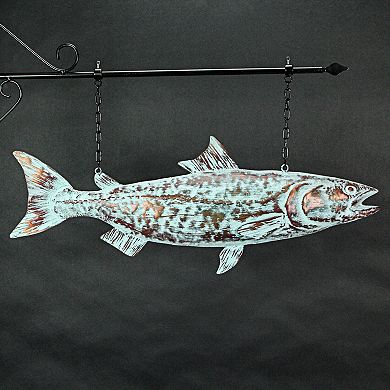 30in Metal Salmon Hanging Wall Bracket Verdigris Copper Coastal Outdoor Decor