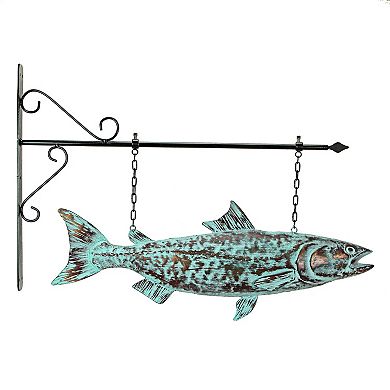 30in Metal Salmon Hanging Wall Bracket Verdigris Copper Coastal Outdoor Decor