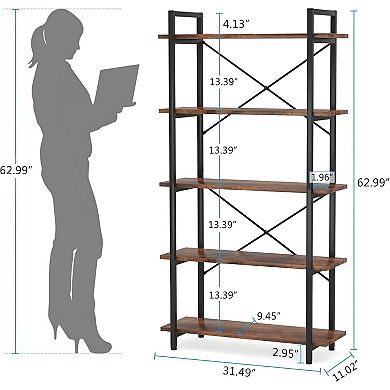 Industrial 5-Shelf Bookcase for Living Room, Bedroom, Office, or Balcony
