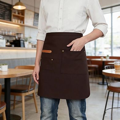 Waist Apron with Multiple Pockets Adjustable Tie Straps Half Apron for Cooking Serving Barista
