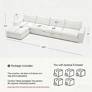 146.5" Oversized L-Shaped Cloud Sectional Couch, 4-Seat Modular Sofa with Ottoman for Living Room