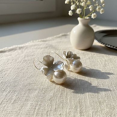 Women's Floral Drop Earrings with Sculpted Petal Design and Pearl Accent