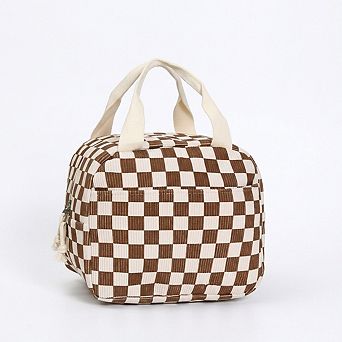 Checkered Zip Top Lunch Bag Insulated Small Tote with Handle Portable Food Carrier