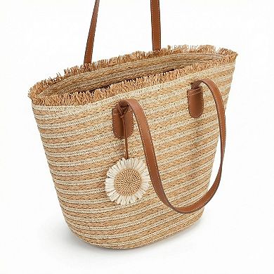 Women's Woven Straw Tote Bag Horizontal Stripe Design Dual Shoulder Straps
