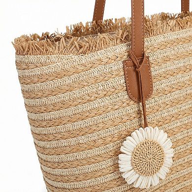 Women's Woven Straw Tote Bag Horizontal Stripe Design Dual Shoulder Straps