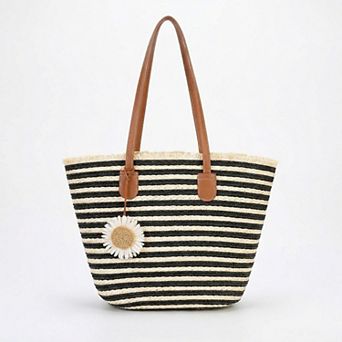 Women's Woven Straw Tote Bag Horizontal Stripe Design Dual Shoulder Straps