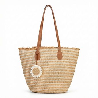 Women's Woven Straw Tote Bag Horizontal Stripe Design Dual Shoulder Straps