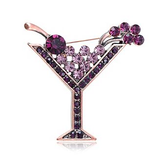 Copper Tone Purple Rhinestones Cocktail Wine Cherry Glass Brooch Pin