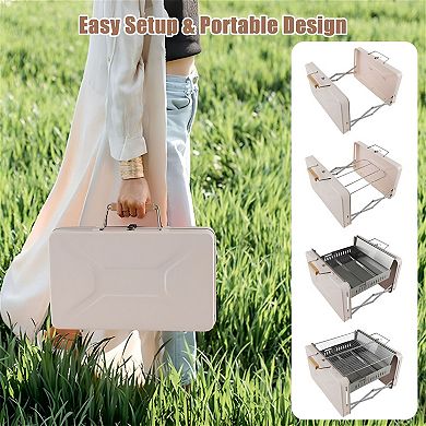 Portable Charcoal Grill with Folding Suitcase Design and Dual Grill Grates for Camping