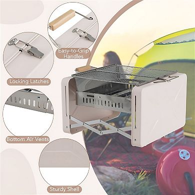Portable Charcoal Grill with Folding Suitcase Design and Dual Grill Grates for Camping